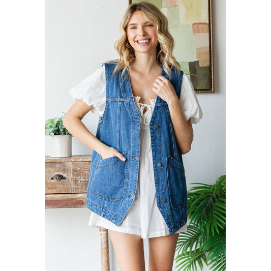 Long Denim Vest with Pockets