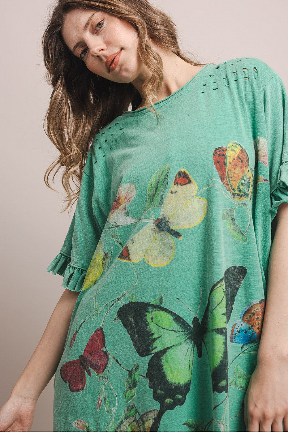 BUTTERFLY PRINT RUFFLE SHORT SLEEVE DRESS