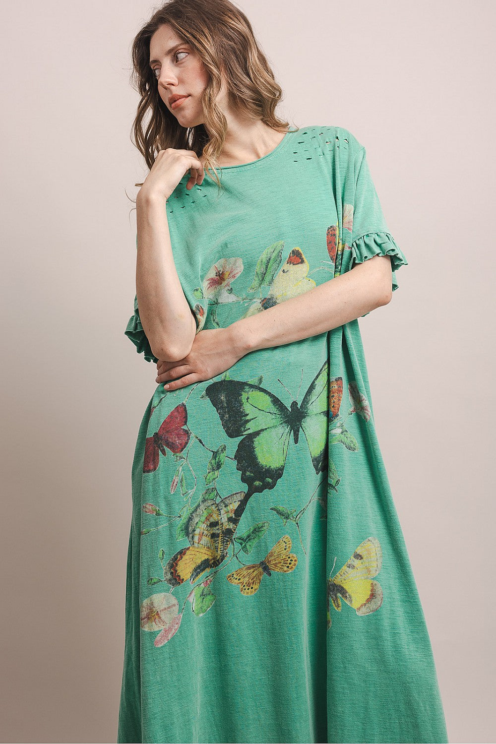 BUTTERFLY PRINT RUFFLE SHORT SLEEVE DRESS