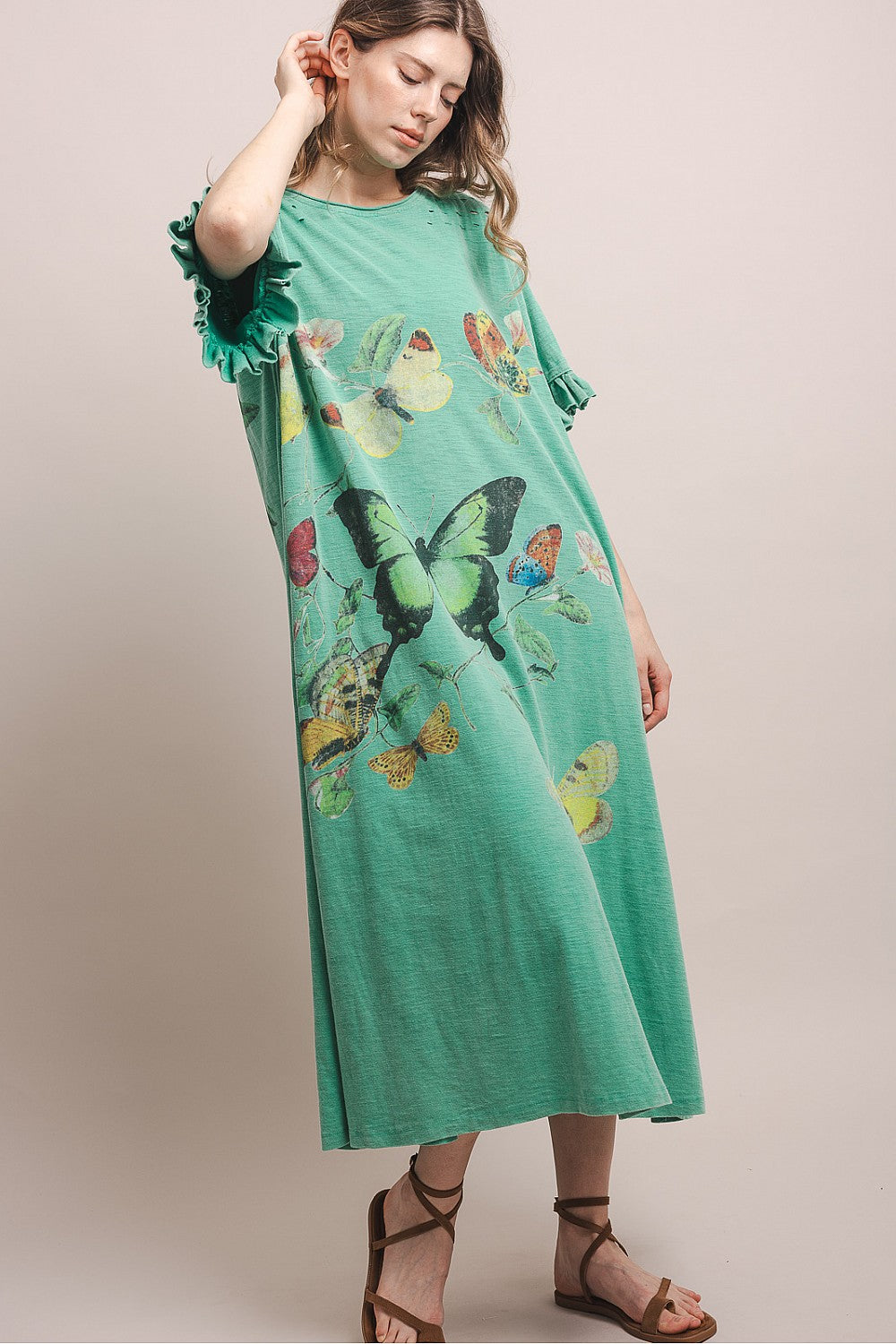 BUTTERFLY PRINT RUFFLE SHORT SLEEVE DRESS