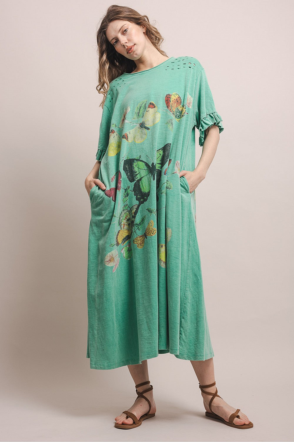 BUTTERFLY PRINT RUFFLE SHORT SLEEVE DRESS