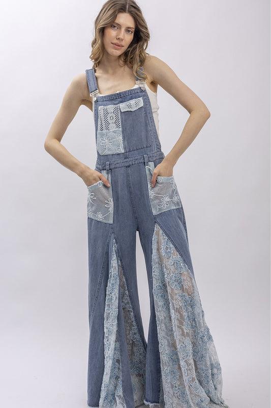 CROCHET LACE DENIM OVERALLS