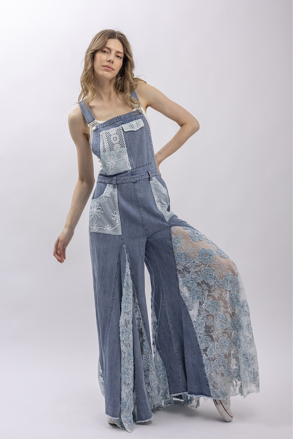 CROCHET LACE DENIM OVERALLS