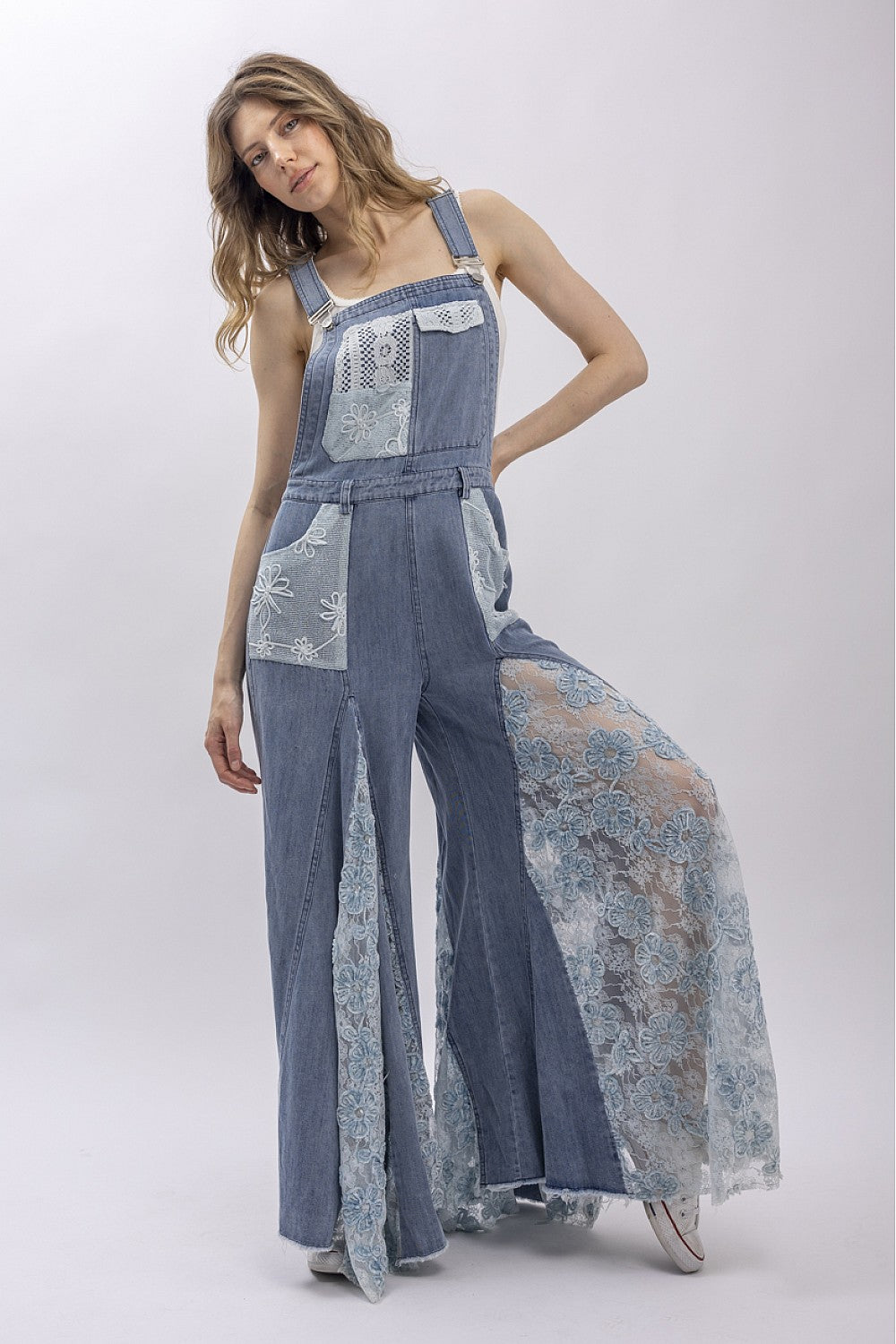 CROCHET LACE DENIM OVERALLS