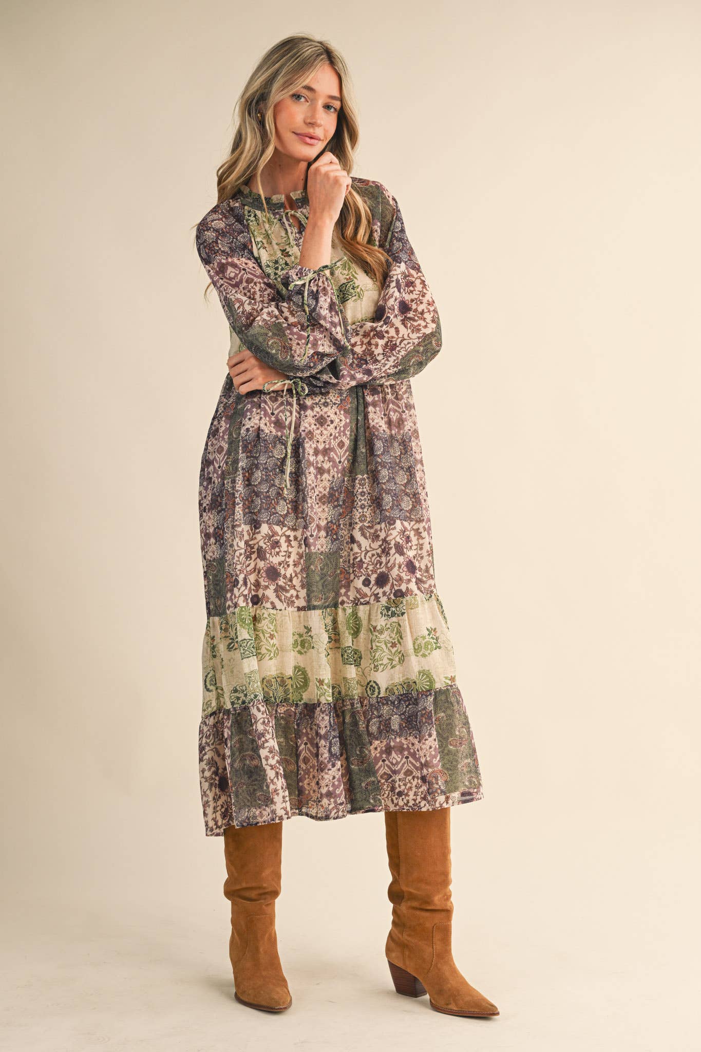 PATCHWORK PRINT MIDI DRESS: OLIVE GREEN MULT.