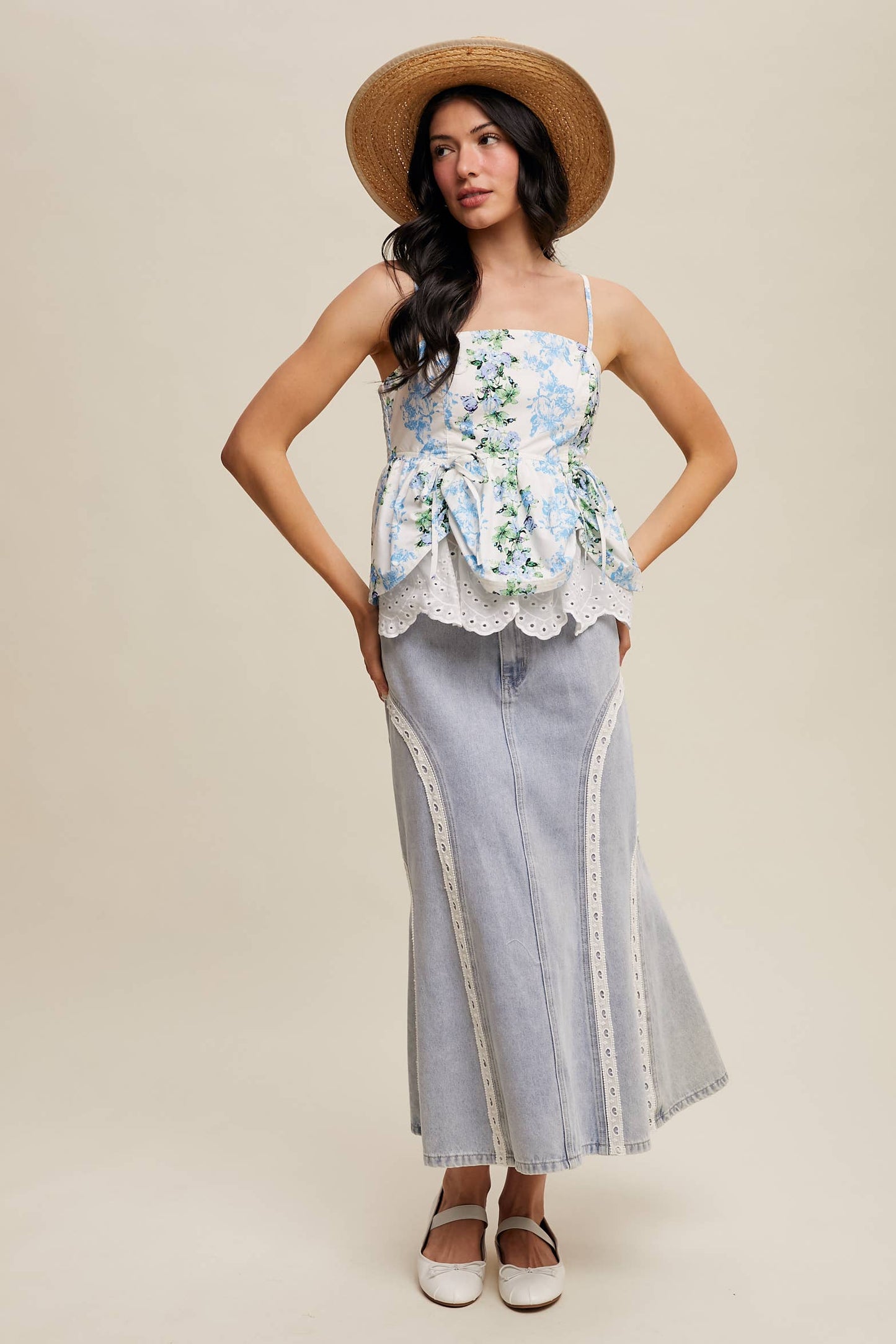 Floral Peplum Top with Eyelet Hem: Blue