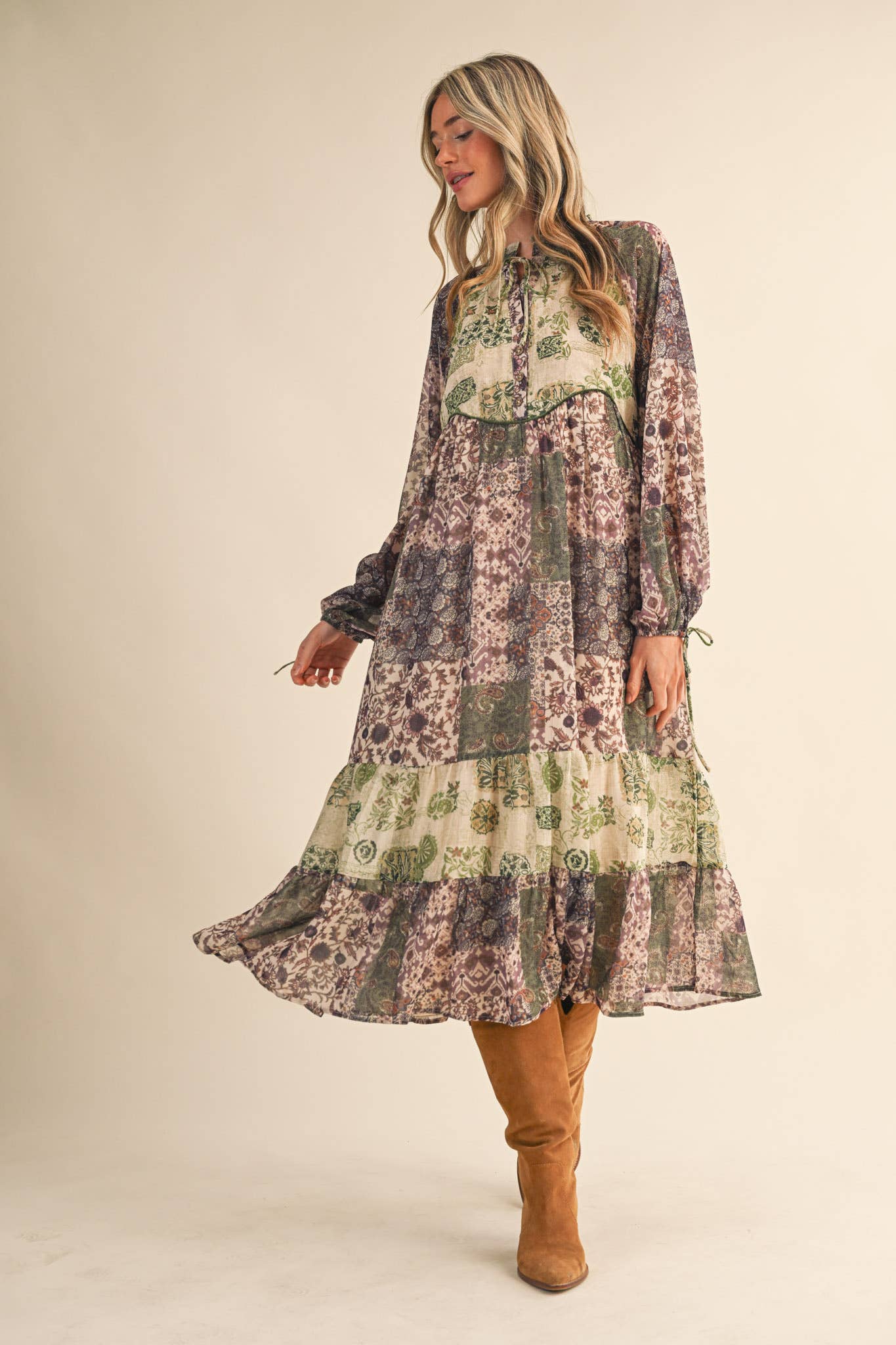 PATCHWORK PRINT MIDI DRESS: OLIVE GREEN MULT.