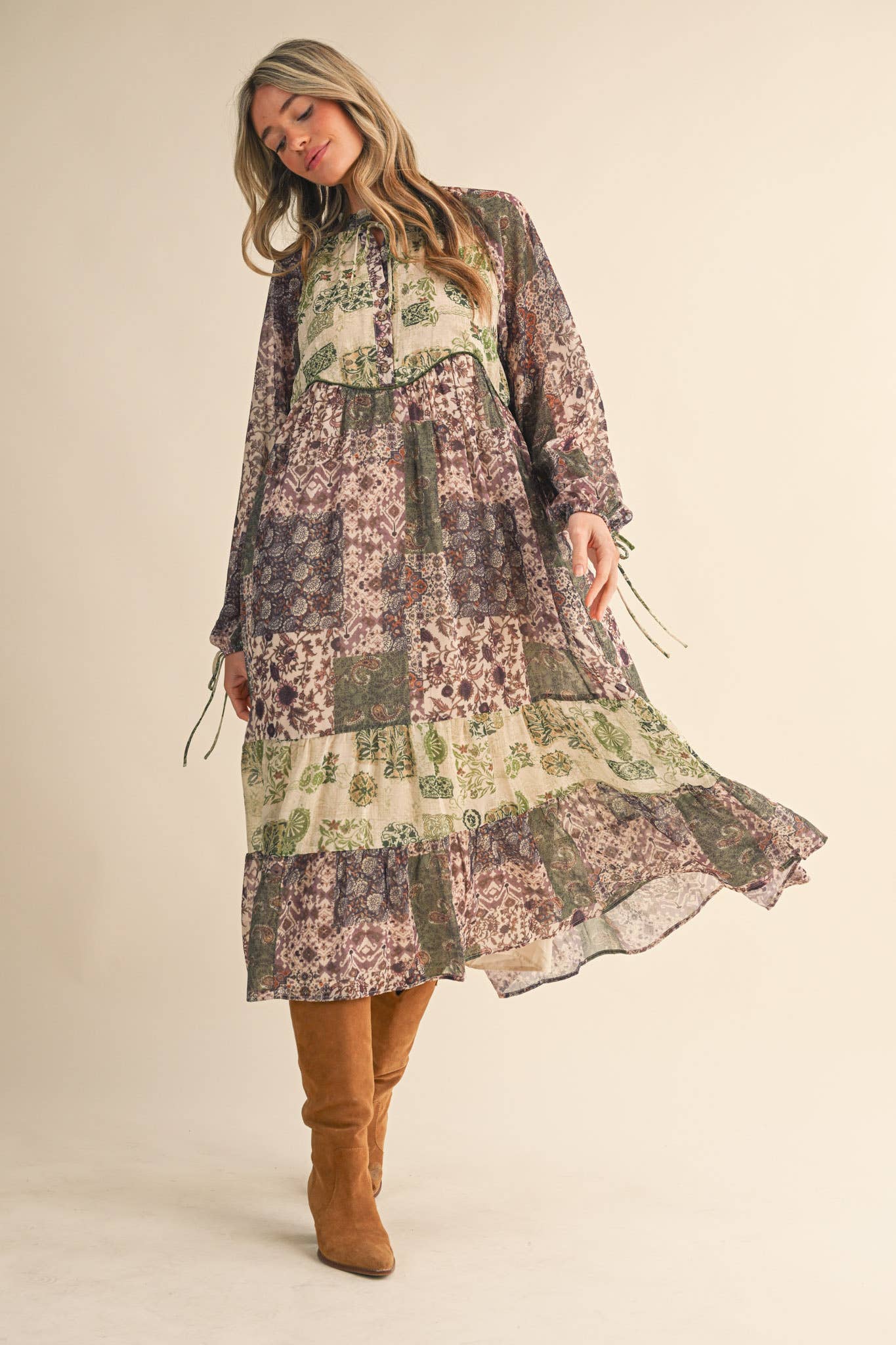 PATCHWORK PRINT MIDI DRESS: OLIVE GREEN MULT.
