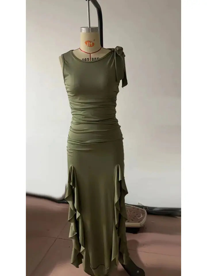Western Ruffled Slit Dress - Green