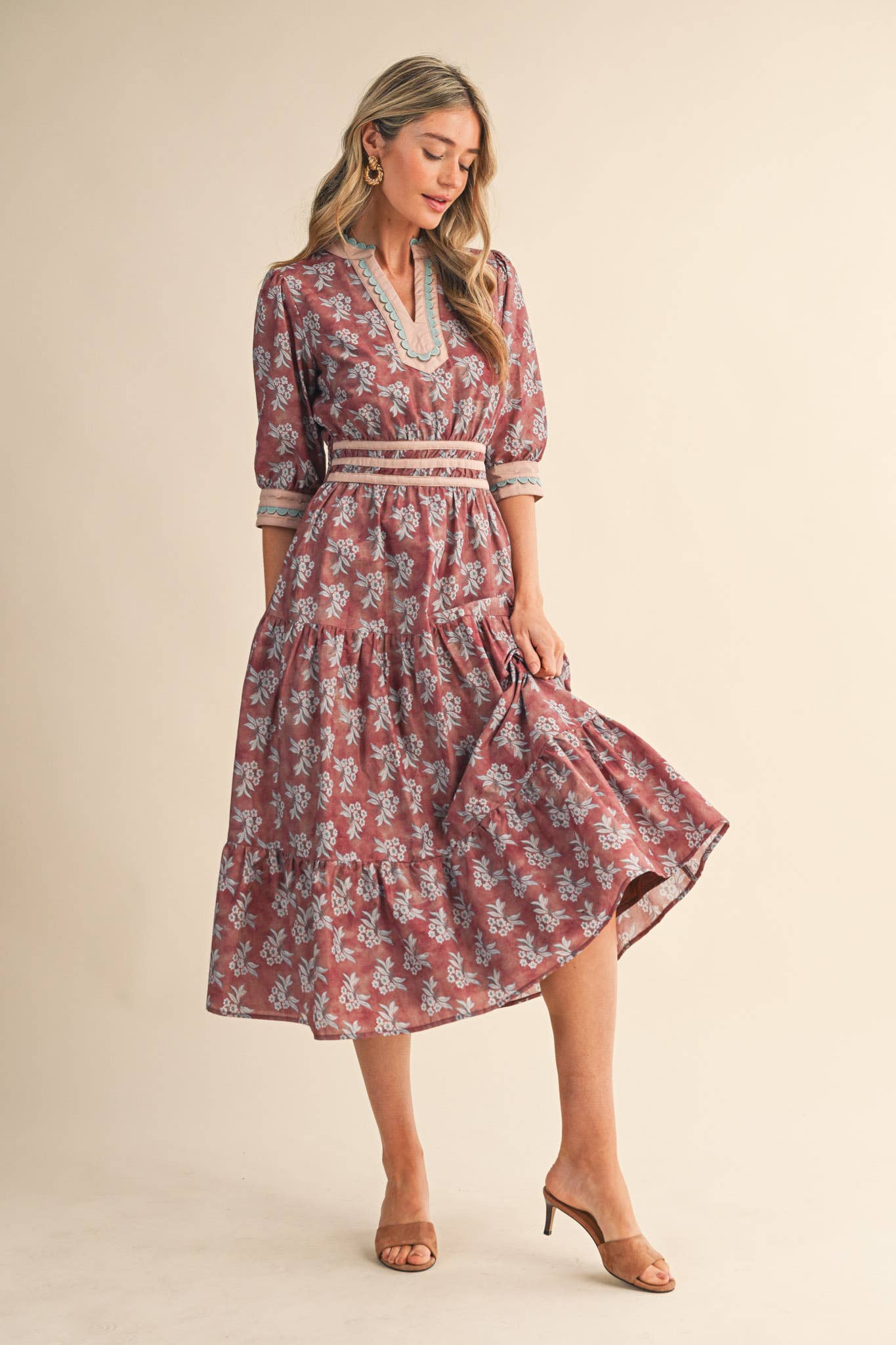 CONTRAST BINDING MIDI DRESS: MAUVE FLORAL