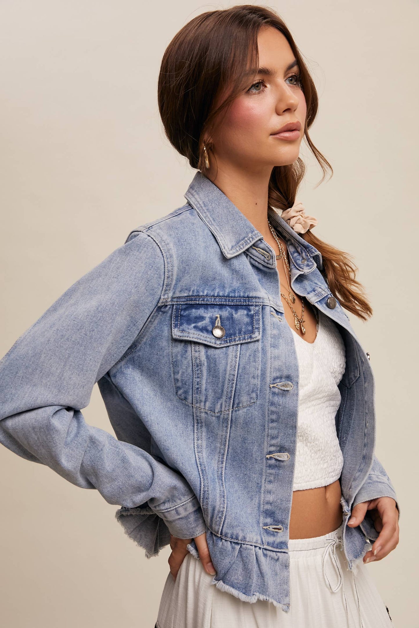 Ruffled Hem Denim Jacket