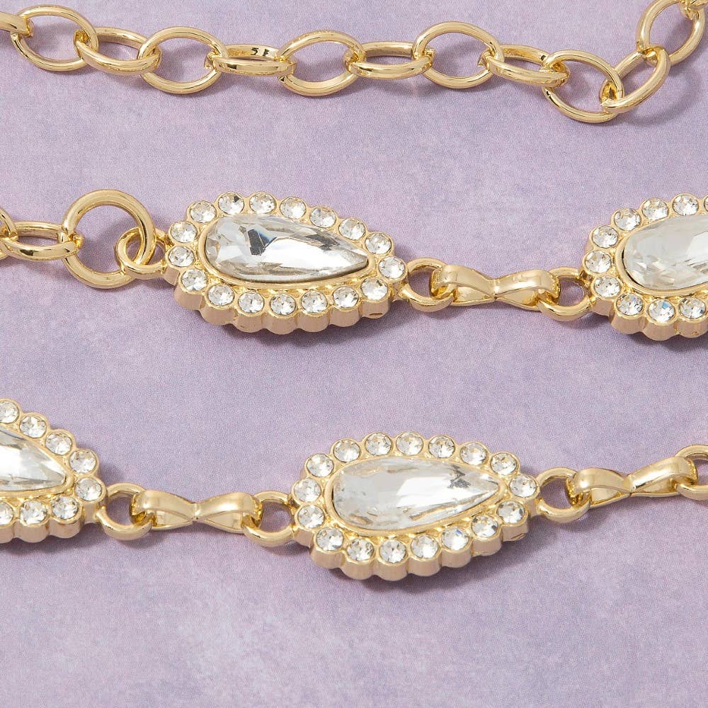 Gold Crystal Teardrop & Pearl Halo Link Chain Belt