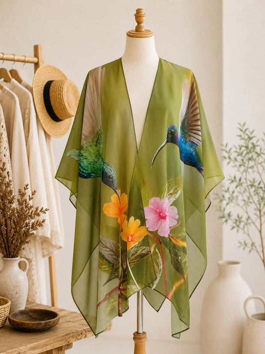 Emerald Hummingbird Floral Kimono Cover-Up