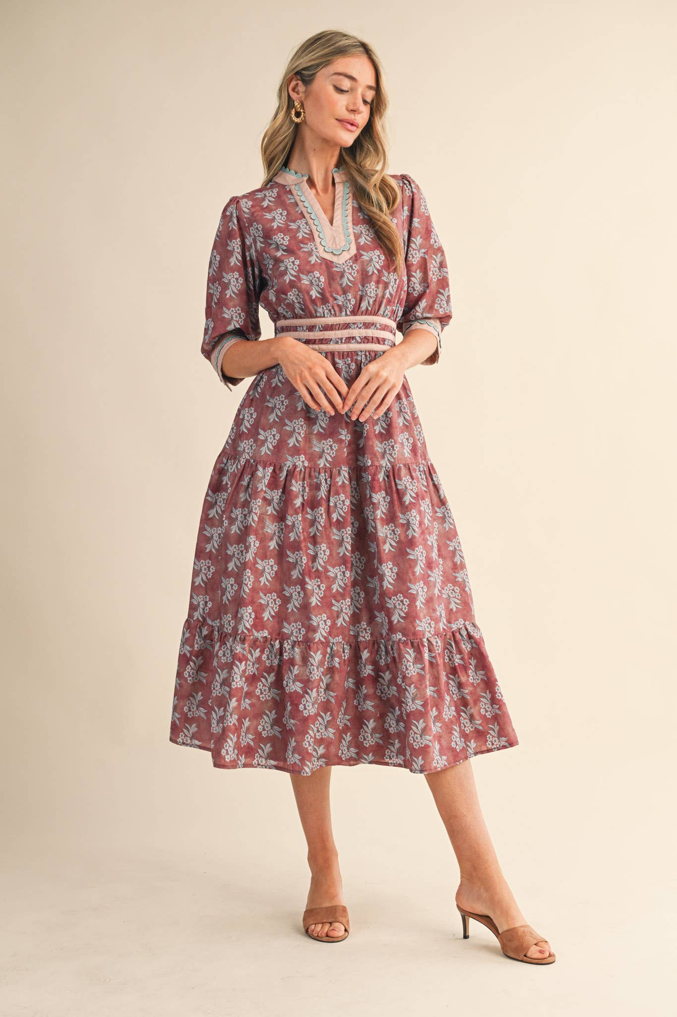 CONTRAST BINDING MIDI DRESS: MAUVE FLORAL