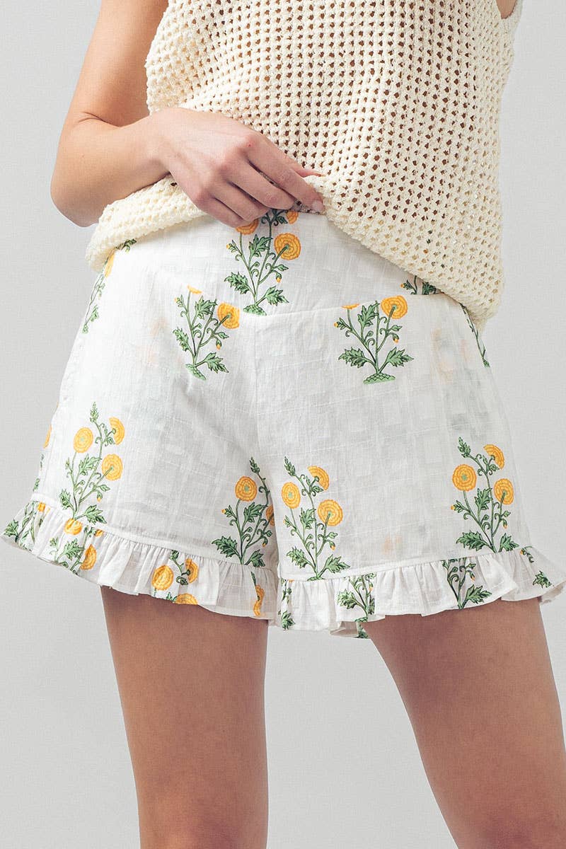 Yellow Floral Print Ruffle Shorts