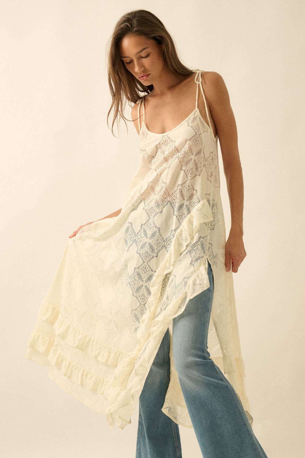 Sheer Lace Layering Midi Dress: Cream