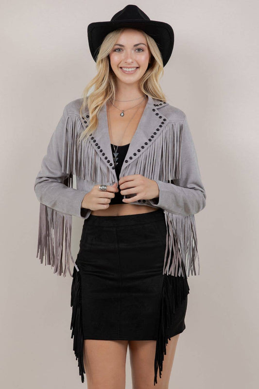 GREY FRINGE STUD JACKET