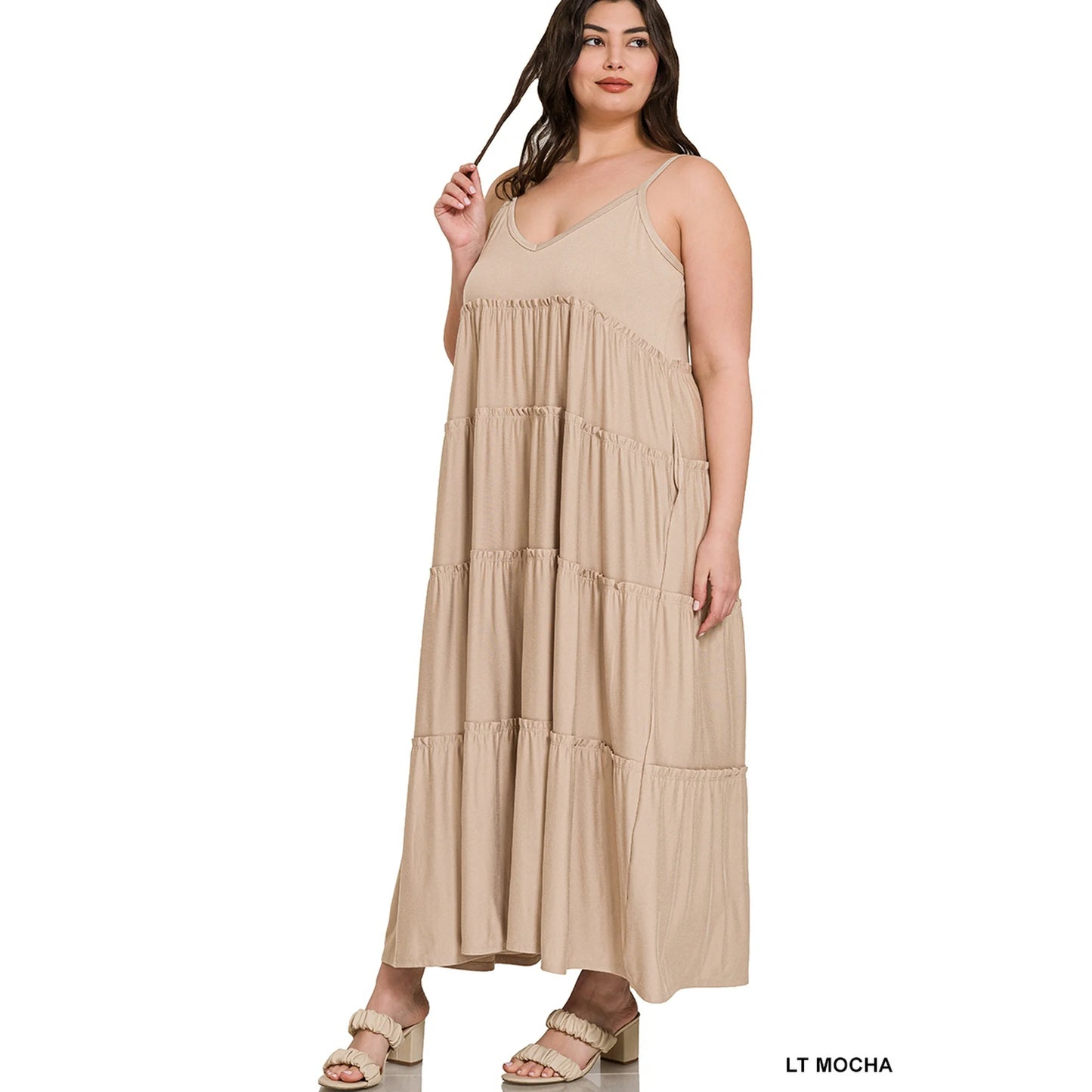 PLUS V-Neck Tiered Maxi Dress - Lt Mocha