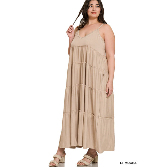 PLUS V-Neck Tiered Maxi Dress - Lt Mocha