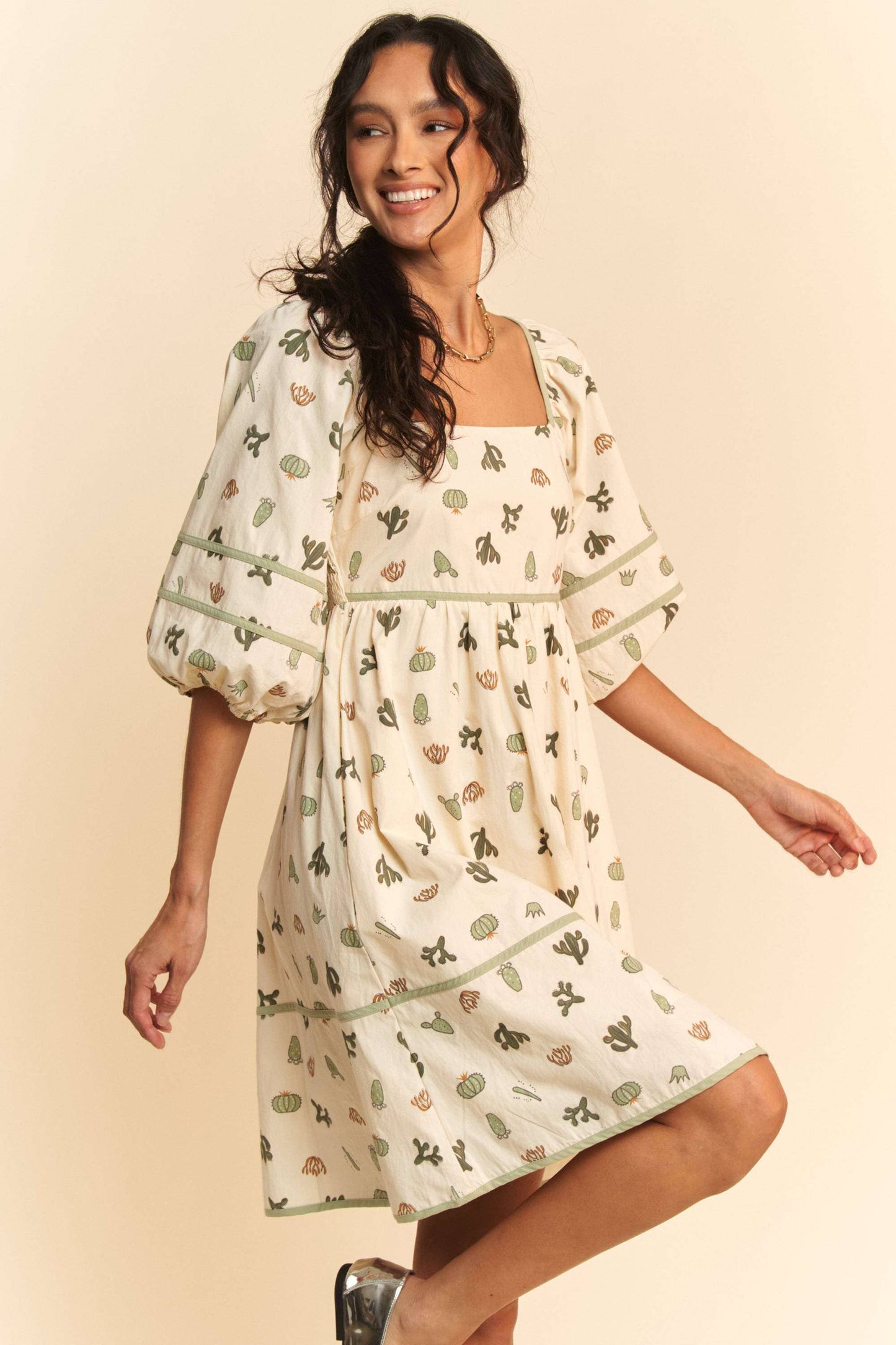 CACTUS PRINT  DRESS: CREAM/GREEN