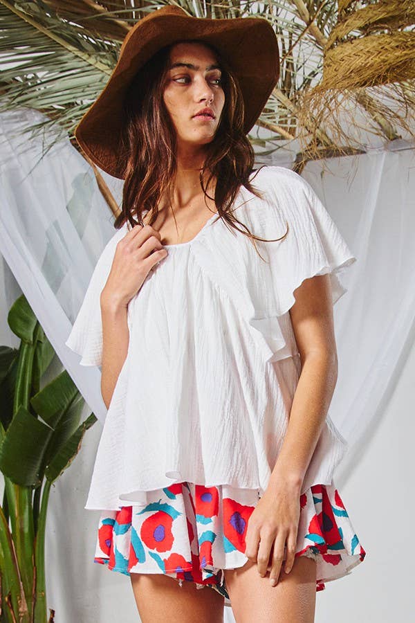 Open Back Pleated Solid Top: IVORY