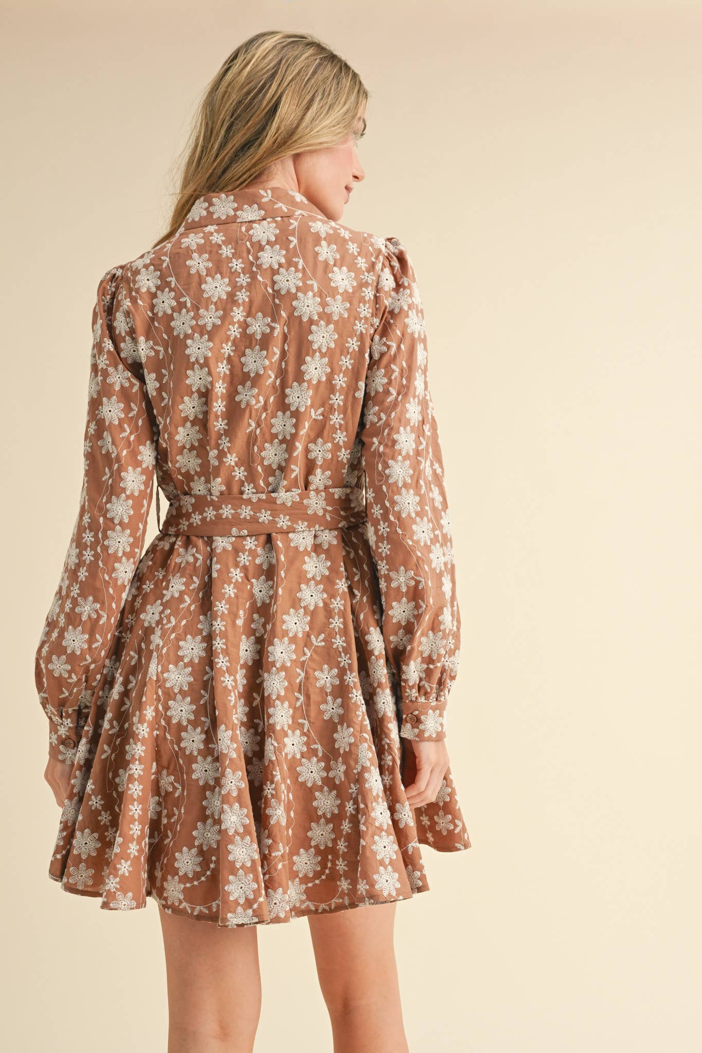 FLORAL EMBROIDERY BUTTON DOWN FLARED MINI DRESS