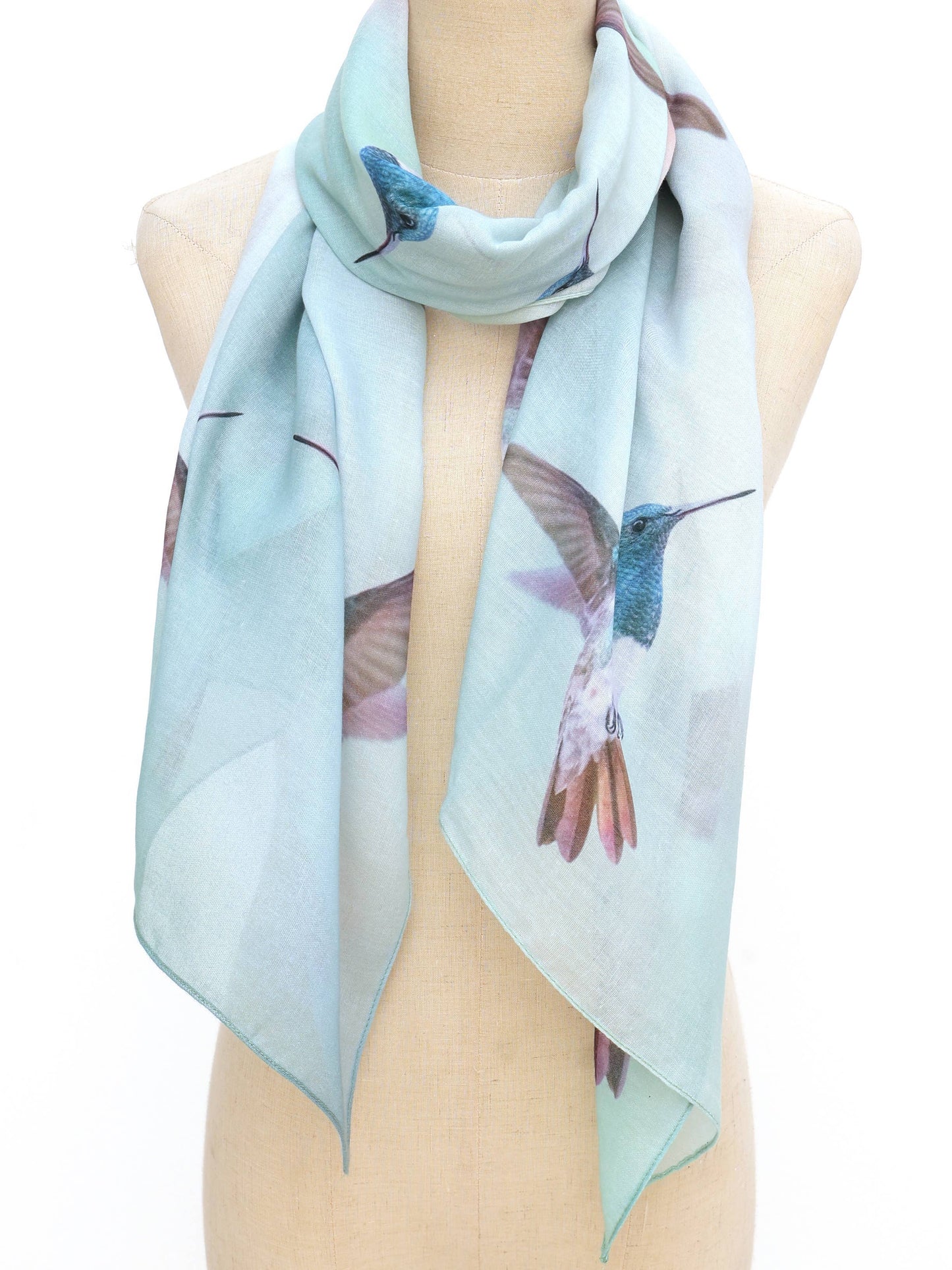Aqua-Multi Watercolor Hummingbird Scarf