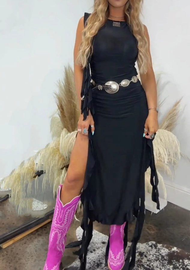 Western Ruffled Slit Dress - Black