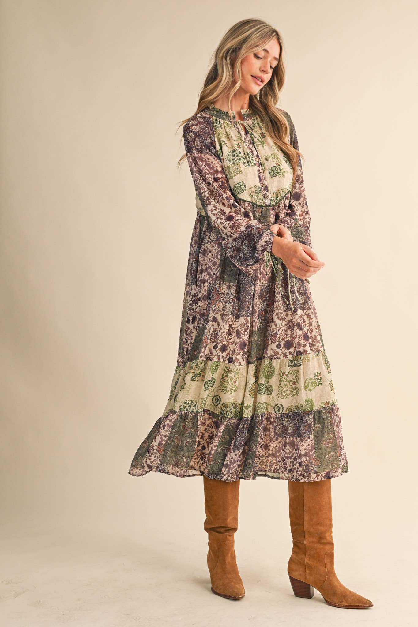 PATCHWORK PRINT MIDI DRESS: OLIVE GREEN MULT.