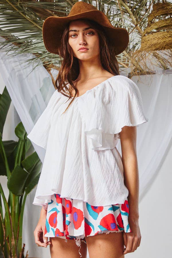 Open Back Pleated Solid Top: IVORY