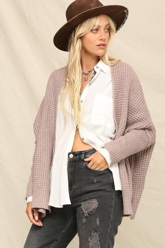 Versatile Waffle-Stitch Open Front Cardigan: Mocha