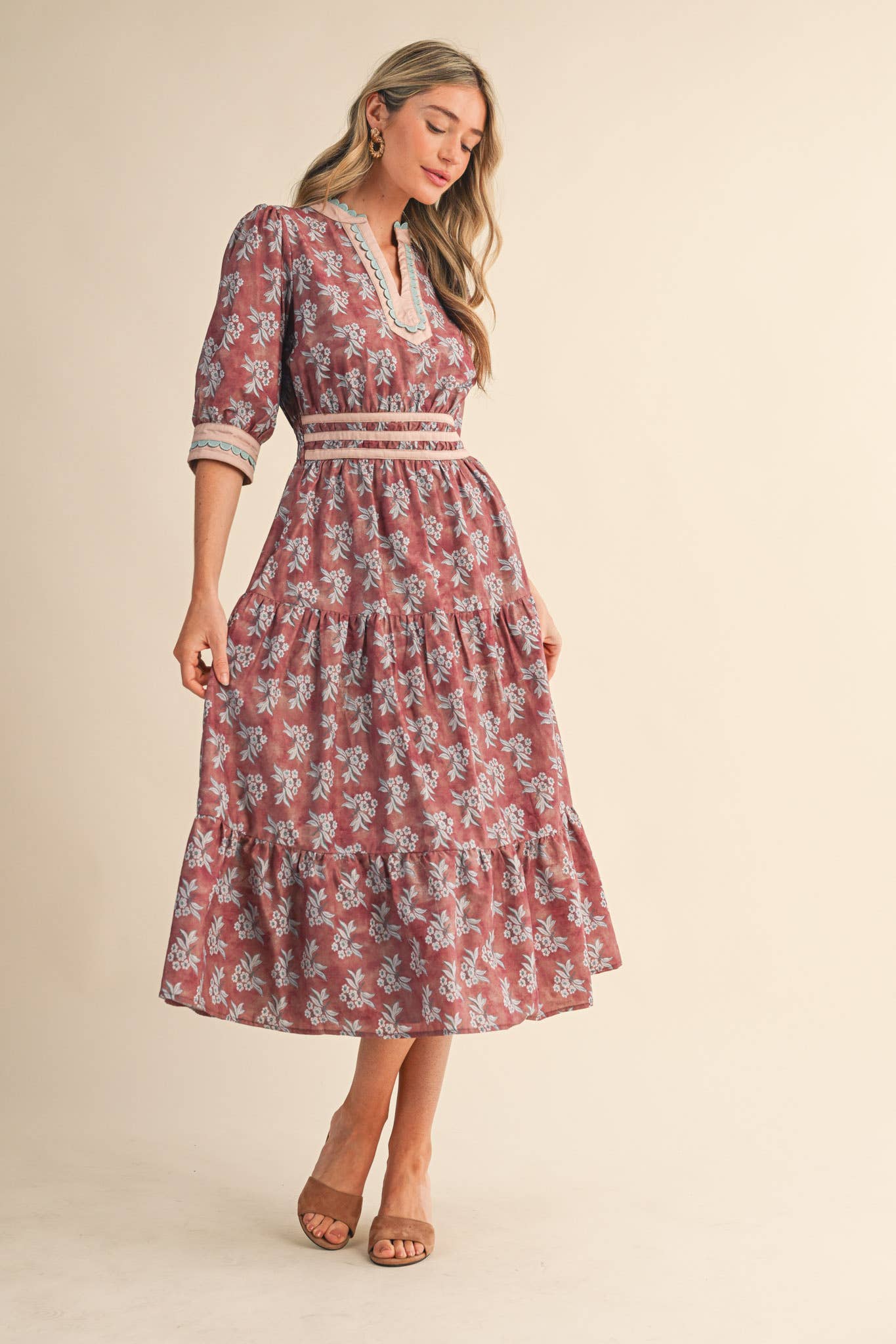 CONTRAST BINDING MIDI DRESS: MAUVE FLORAL