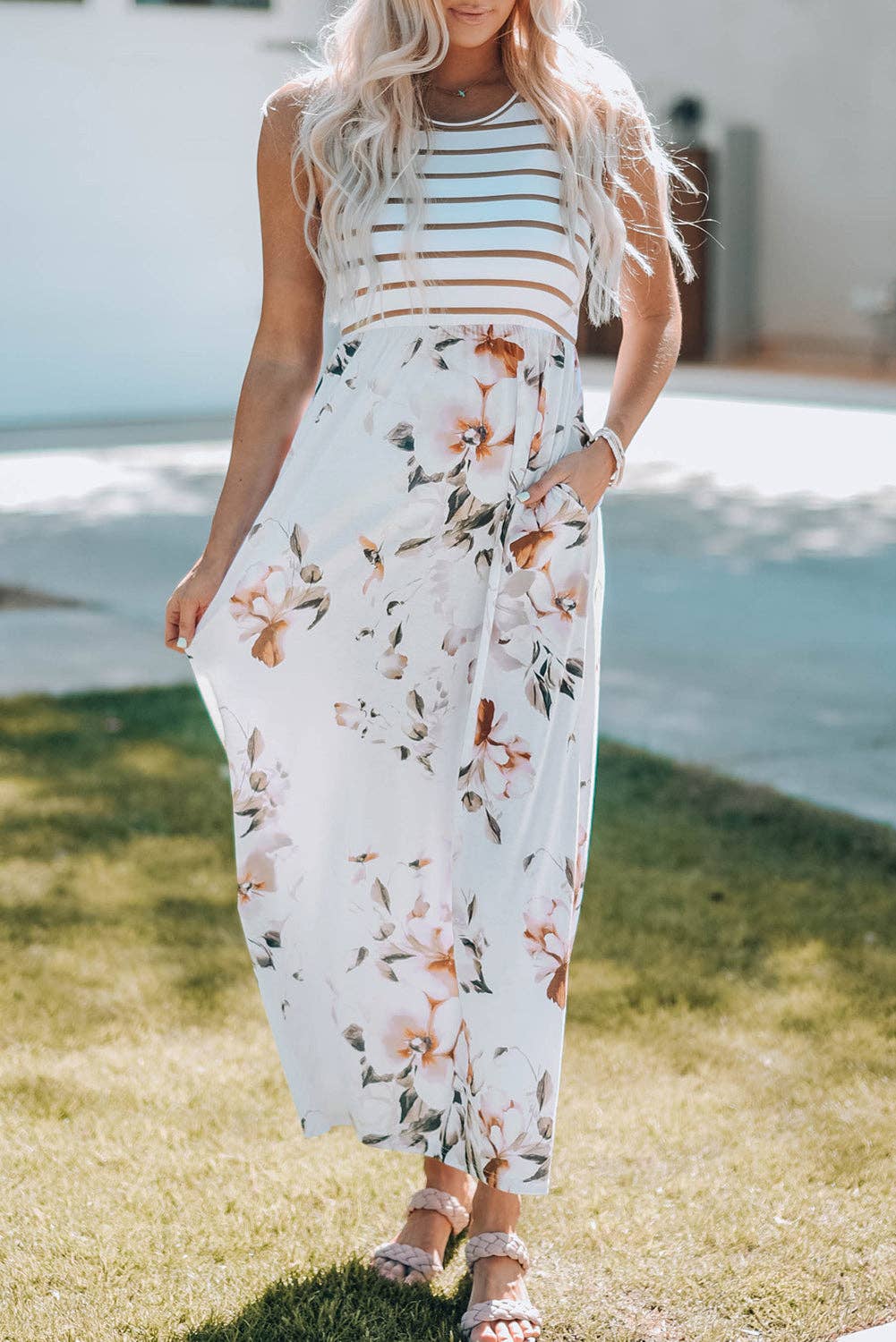 Striped Floral Print Maxi Dress
