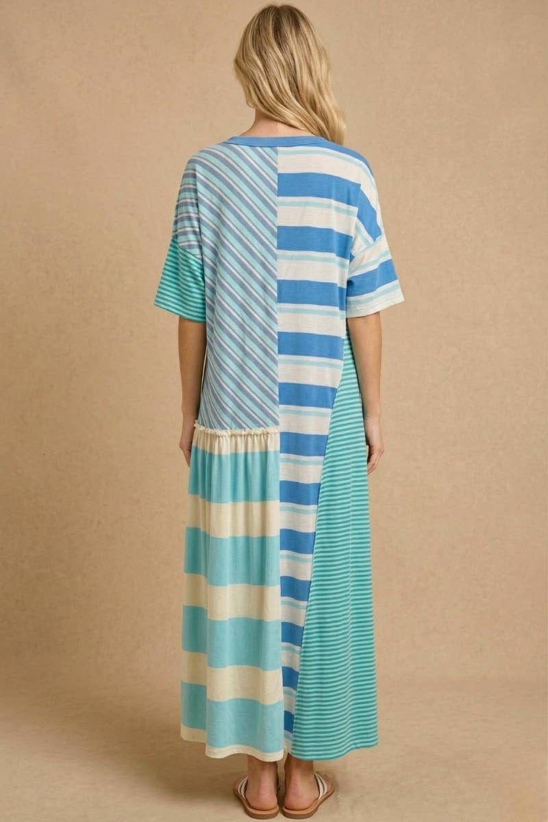 Mixed-Stripe Patchwork Maxi Dress: Sky Blue Multi