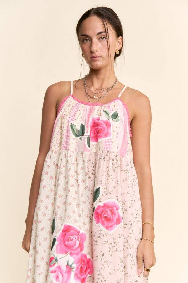 PRINTED FLOWER PATCHWORK MIDI DRESS: Small - 3x