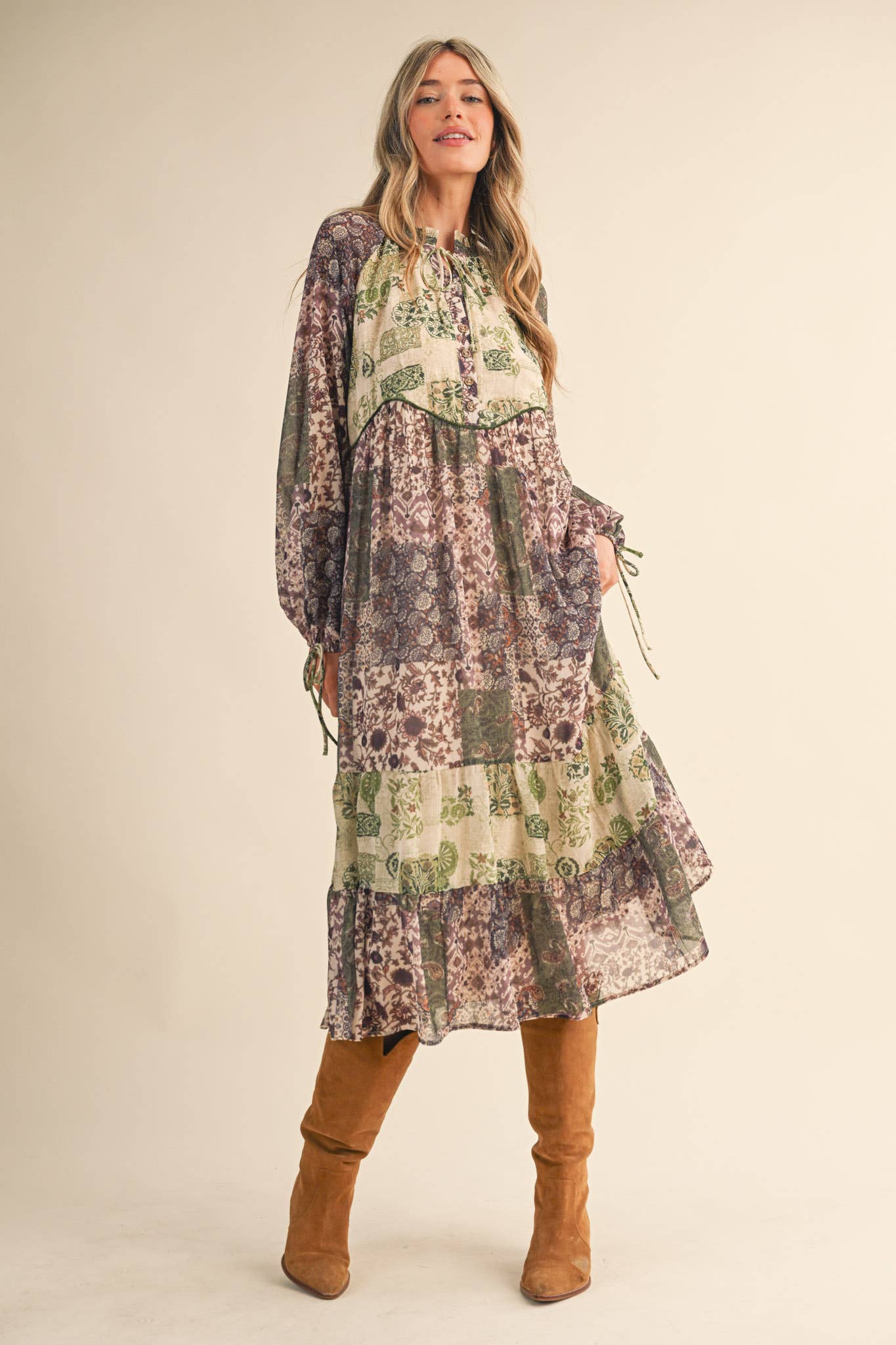 PATCHWORK PRINT MIDI DRESS: OLIVE GREEN MULT.