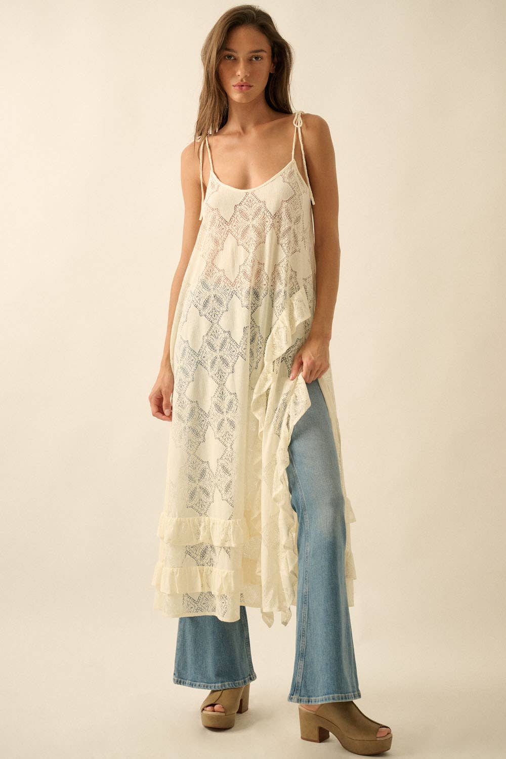 Sheer Lace Layering Midi Dress: Cream