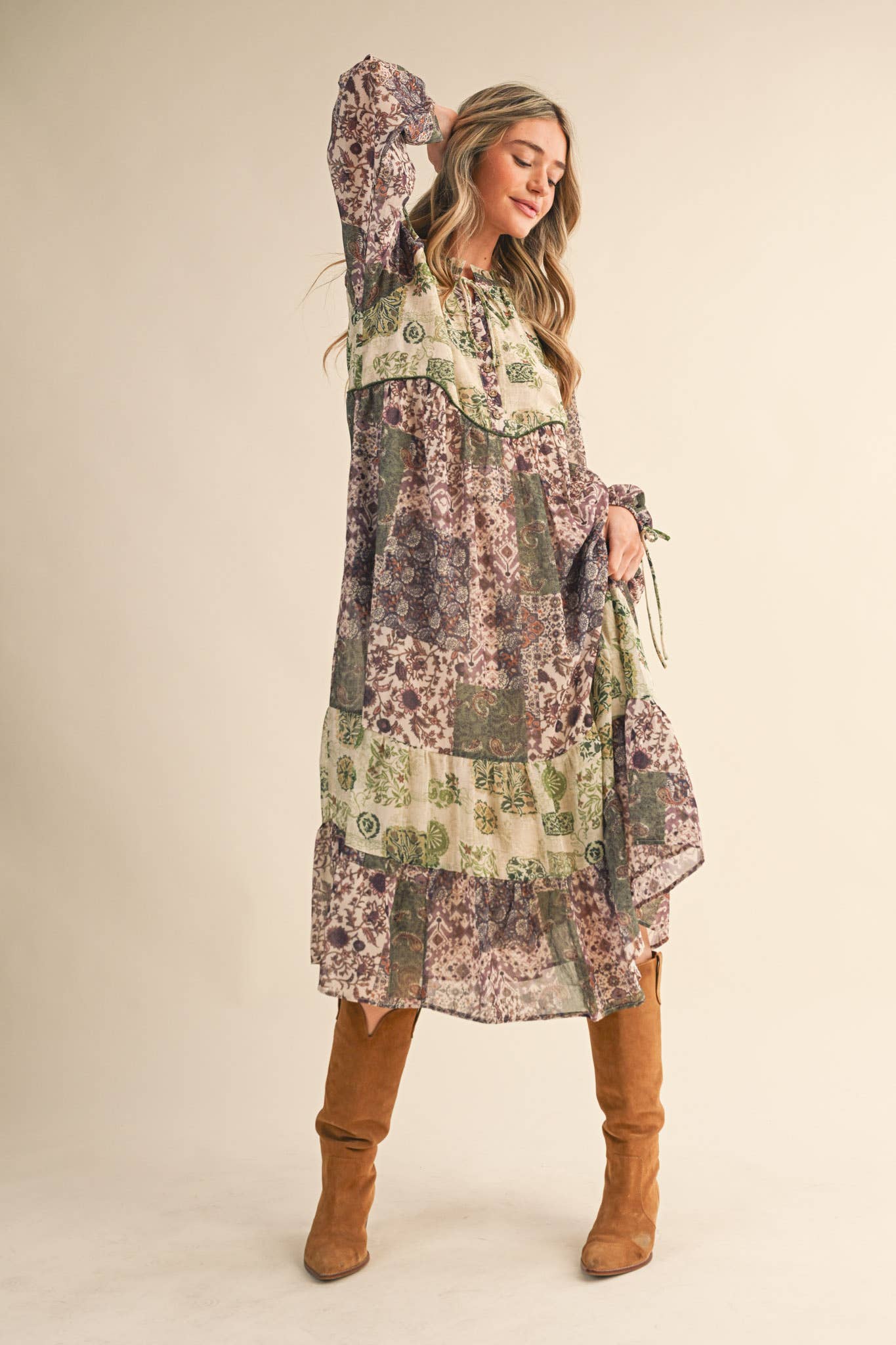 PATCHWORK PRINT MIDI DRESS: OLIVE GREEN MULT.