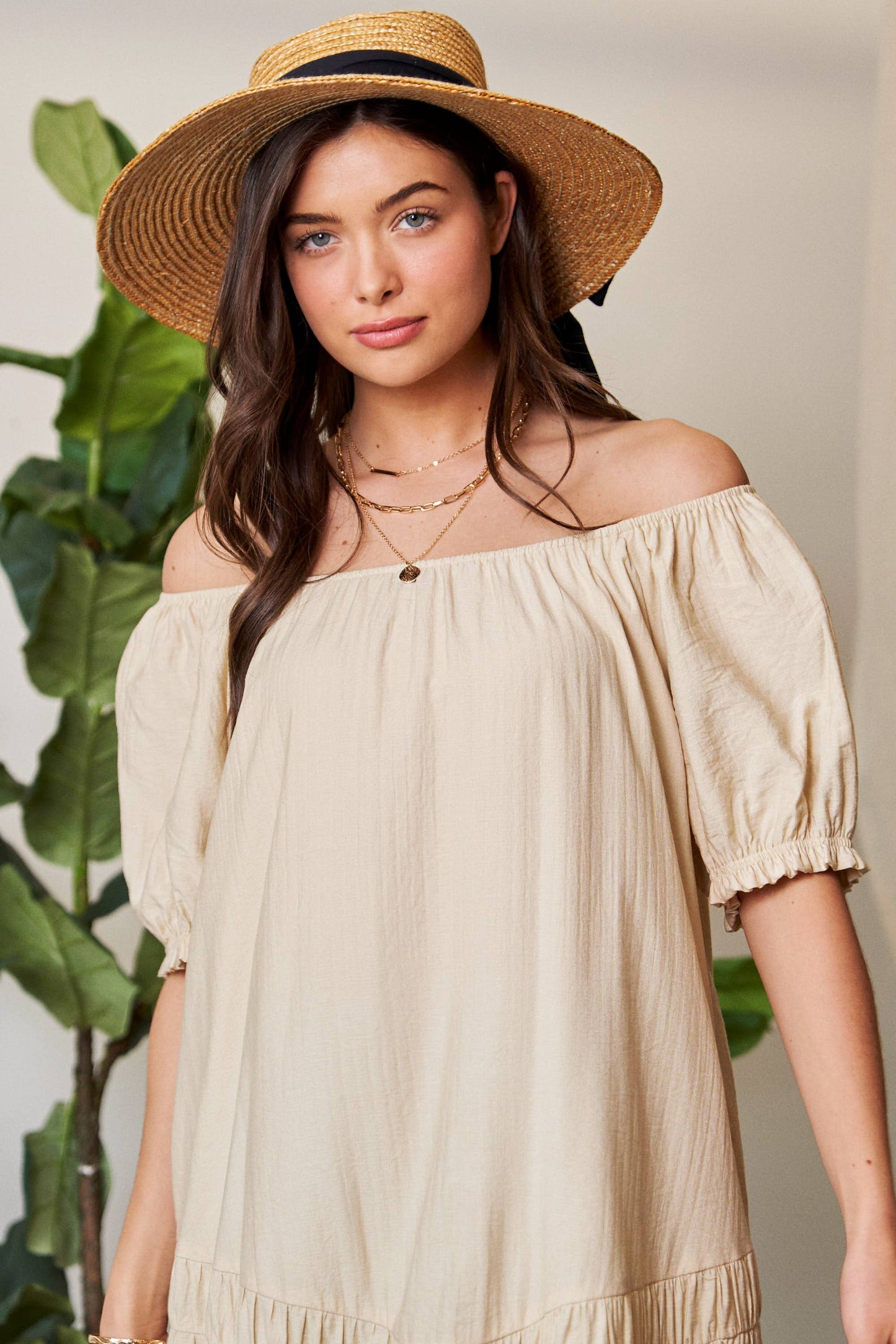 PLUS PUFF SLEEVE DRESS: Natural