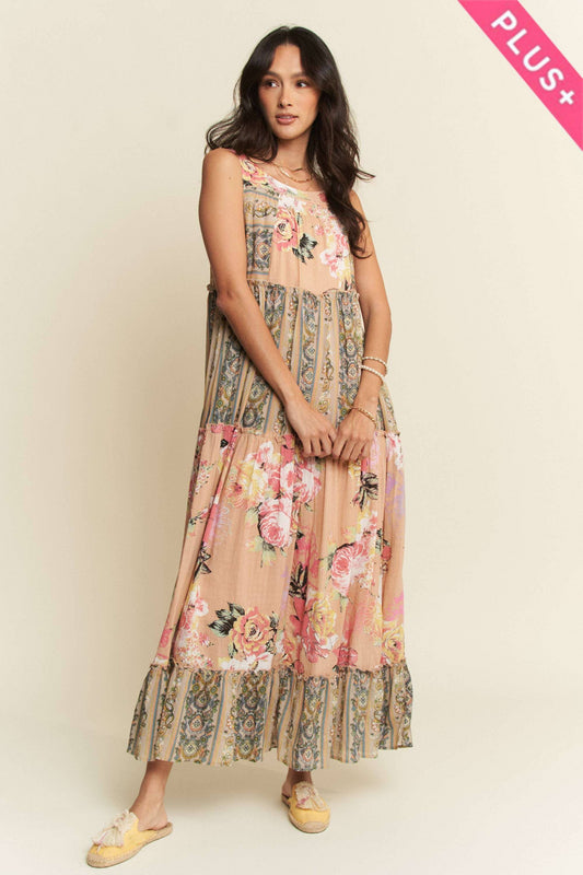 FLORAL BOHO STRIPE DRESS: PINK BEIGE - PLUS ONLY