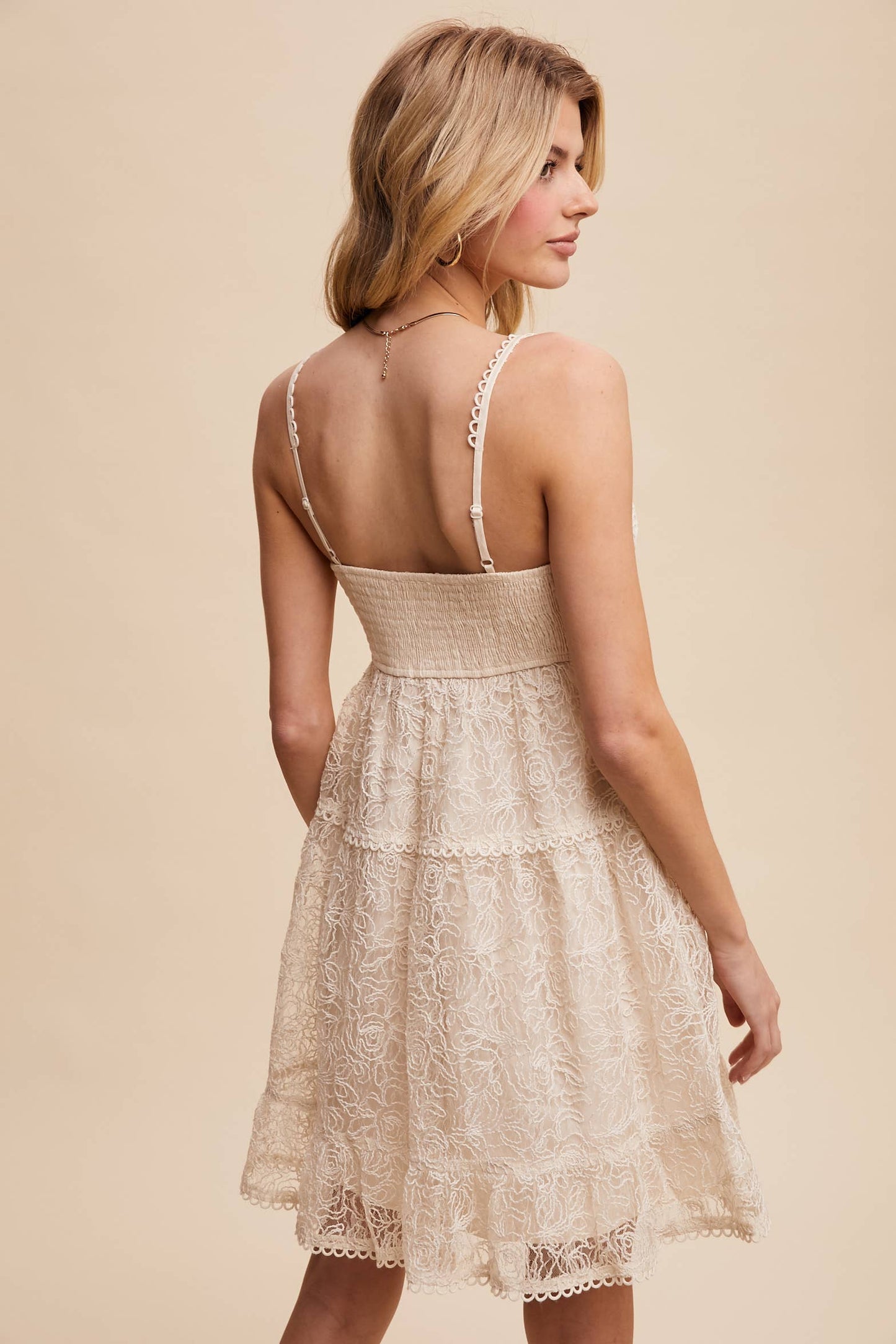 Rose Patterns textured Delicate Lace Mini Dress: Ecru