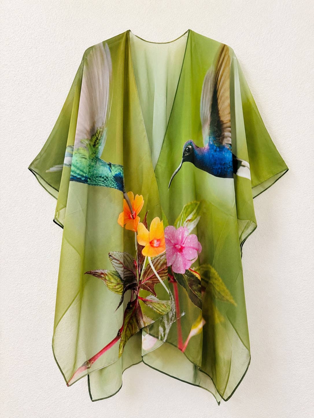 Emerald Hummingbird Floral Kimono Cover-Up