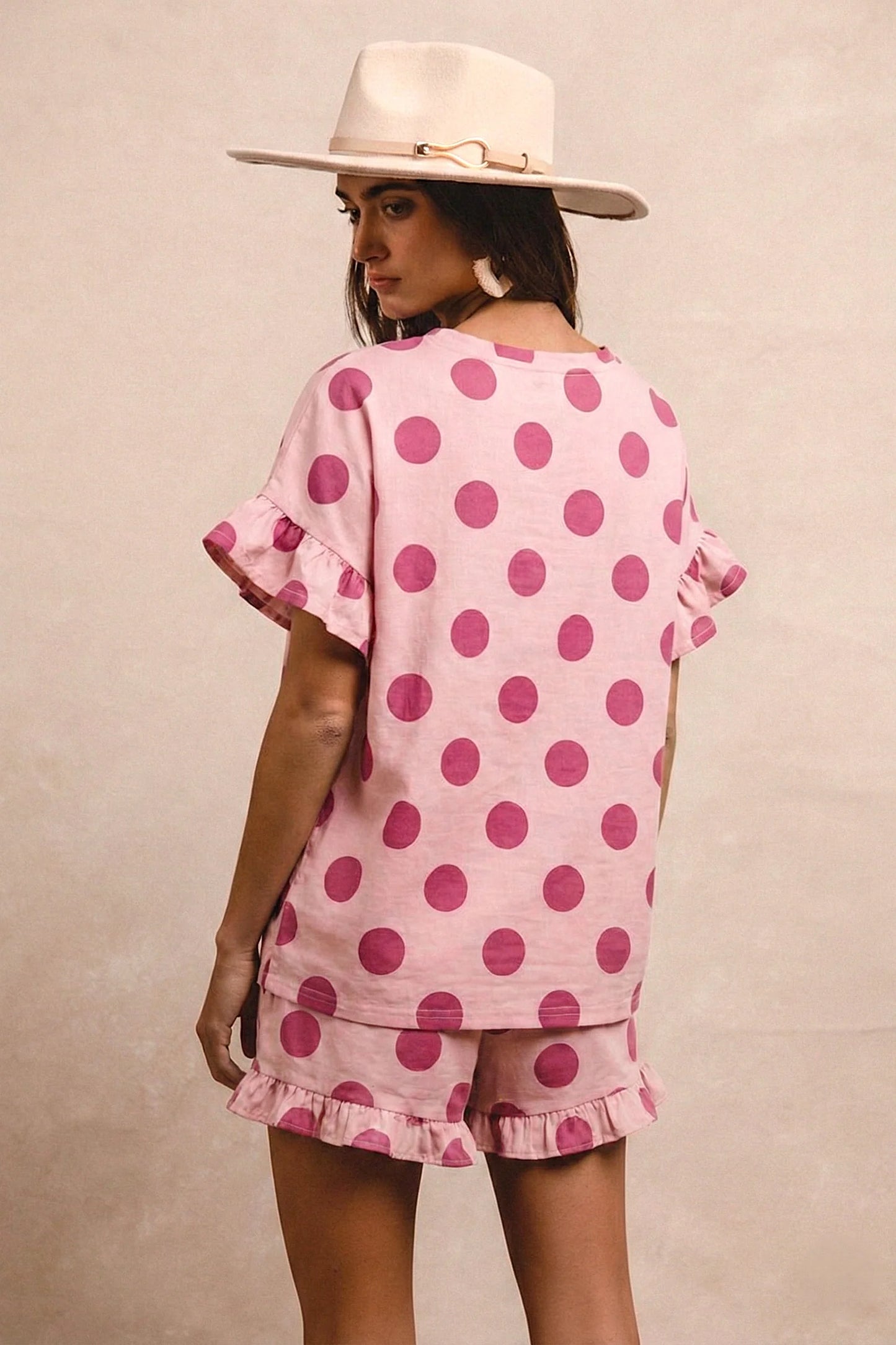POLKA DOTS PRINTED RUFFLED TOP AND SHORTS SET