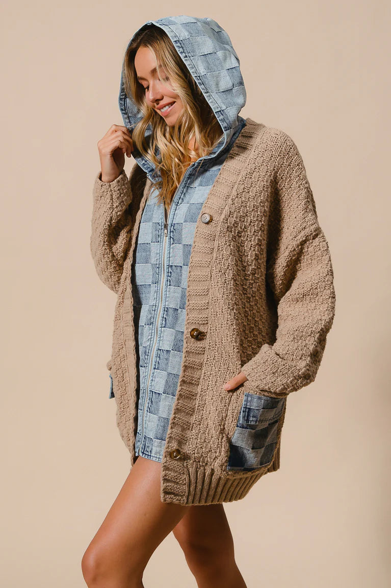 CHECKER DENIM ZIP UP SWEATER CARDIGAN