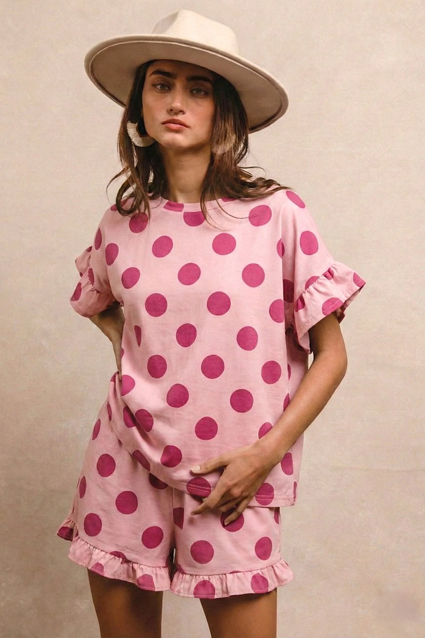 POLKA DOTS PRINTED RUFFLED TOP AND SHORTS SET