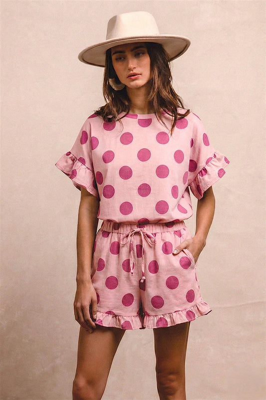 POLKA DOTS PRINTED RUFFLED TOP AND SHORTS SET