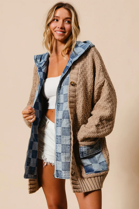 CHECKER DENIM ZIP UP SWEATER CARDIGAN
