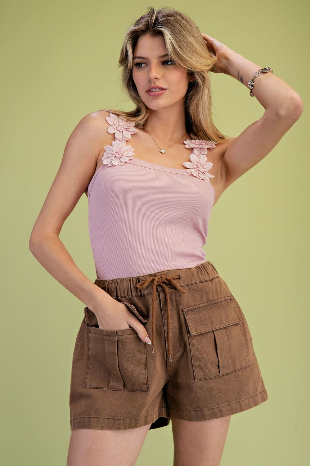 FLOWER STRAP TANK TOP - Pastel Pink