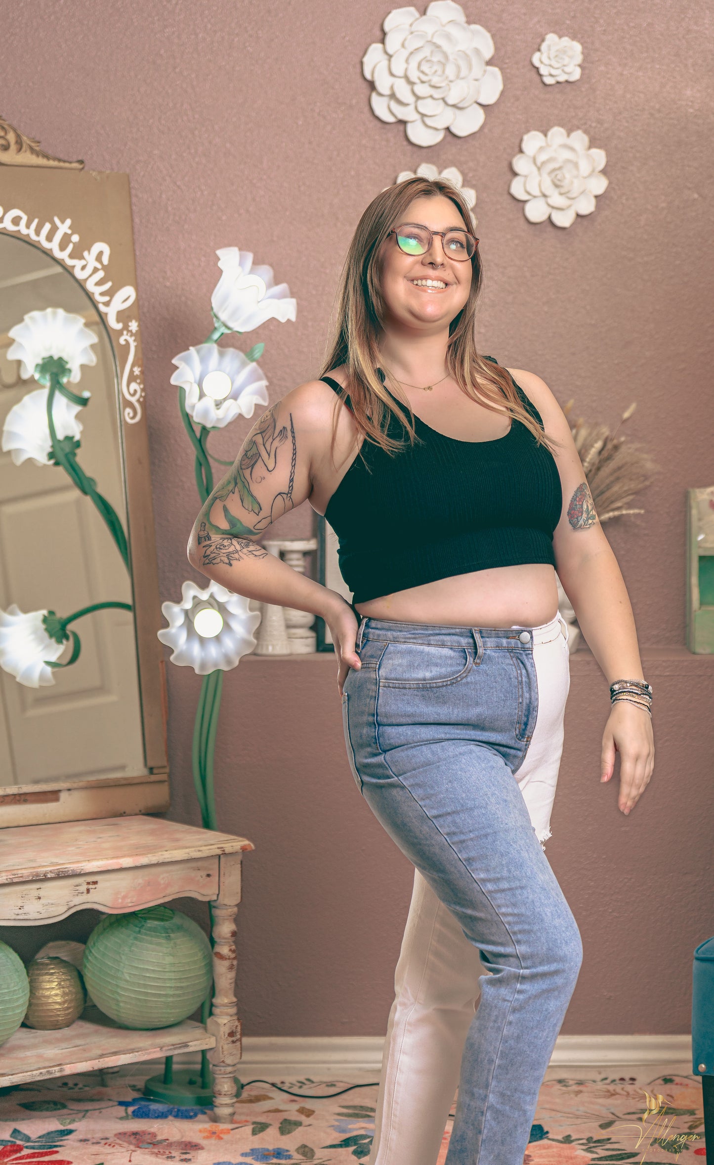 Distressed Two Tone Block Jean